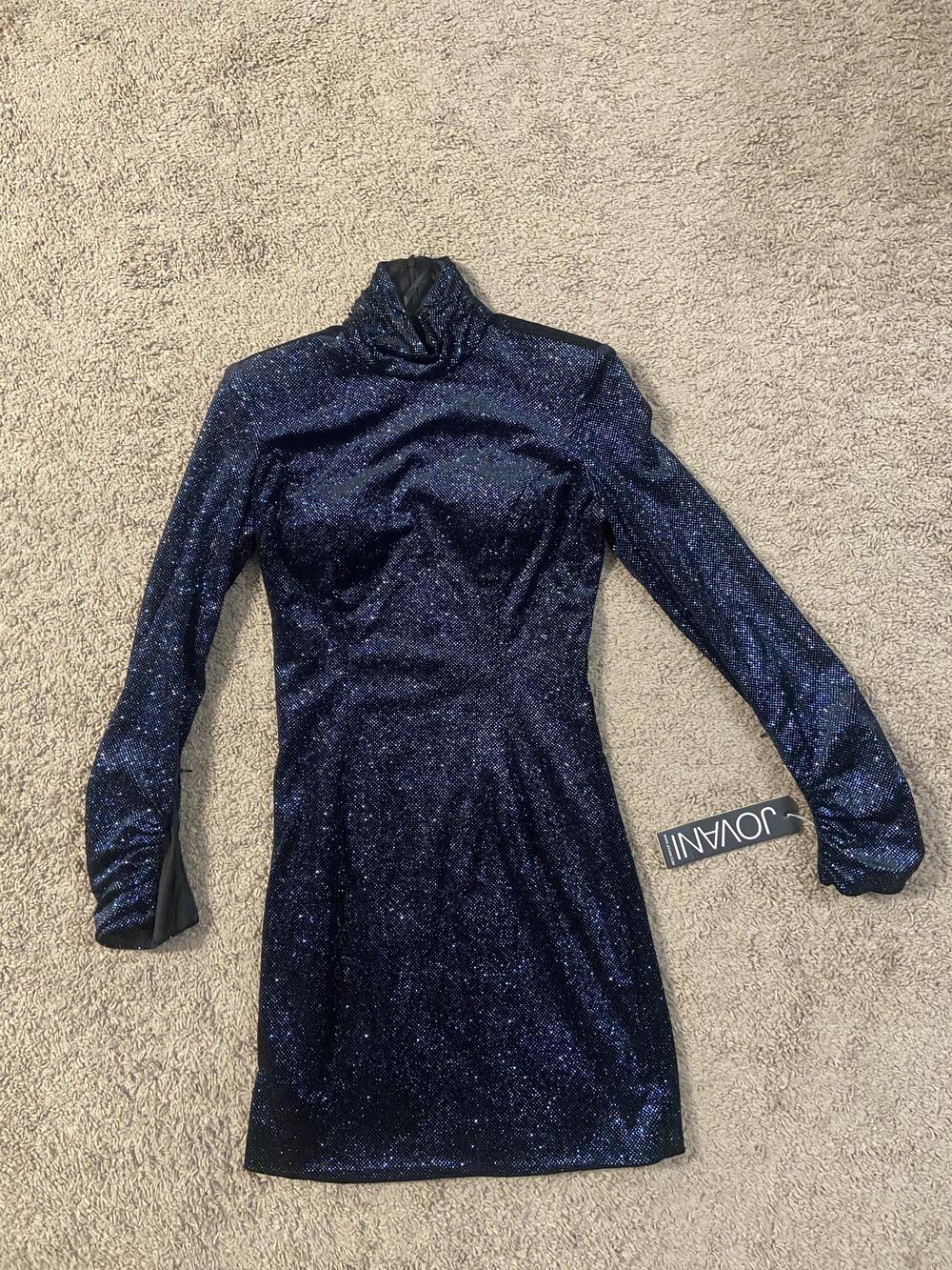 Jovani Dress Womens 6 Blue Black Glitter Mock Neck Long Sleeve Bodycon Mini